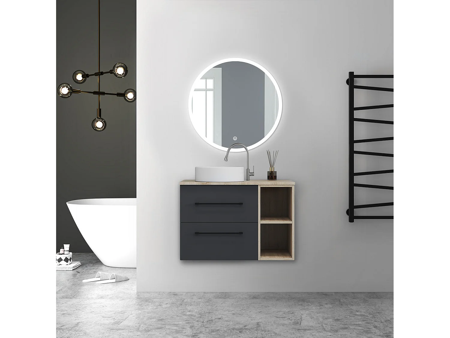 AICA Ensemble meuble de Salle de Bain Suspendu avec Vasque + 2 Rangements Ouverts, 80x46x52cm, Rond Miroir LED