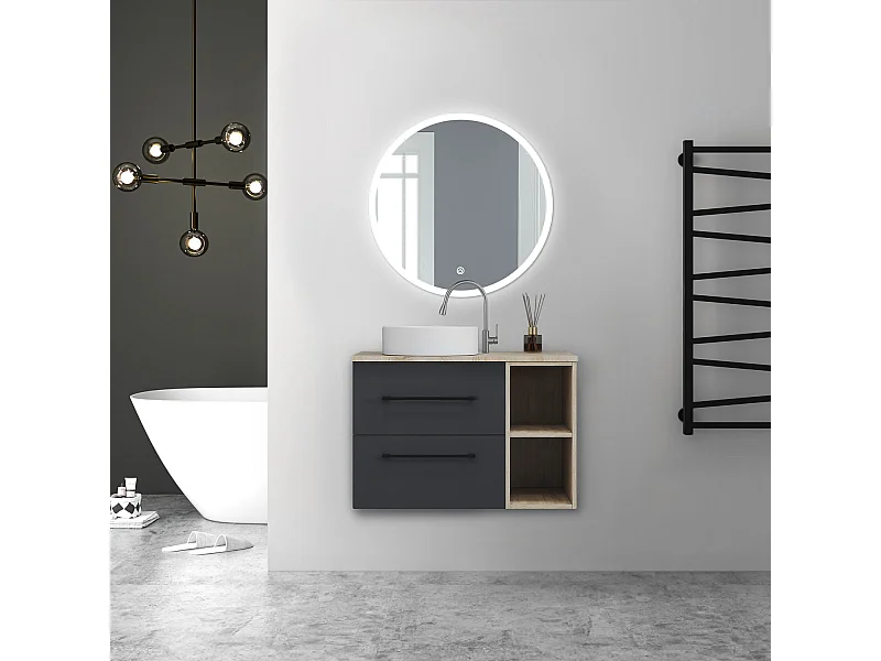 AICA Ensemble meuble de Salle de Bain Suspendu avec Vasque + 2 Rangements Ouverts, 80x46x52cm, Rond Miroir LED