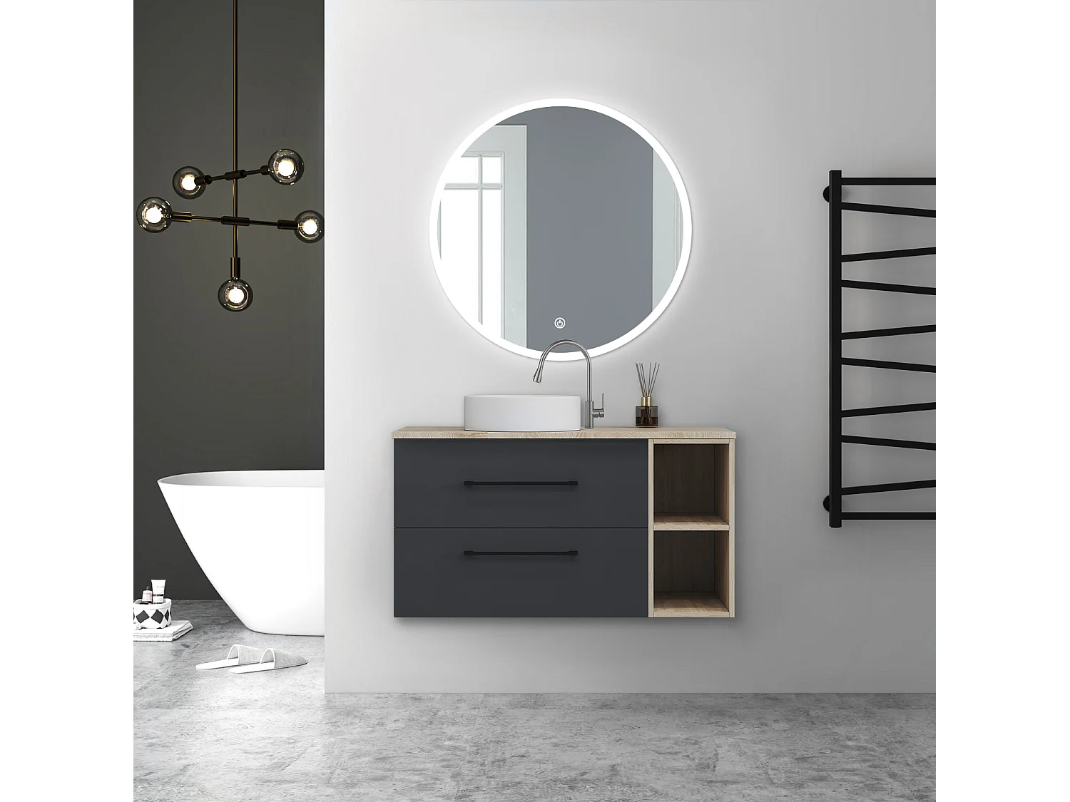 AICA Ensemble meuble de Salle de Bain Suspendu avec Vasque + 2 Rangements Ouverts, 100x46x52cm, Rond Miroir LED