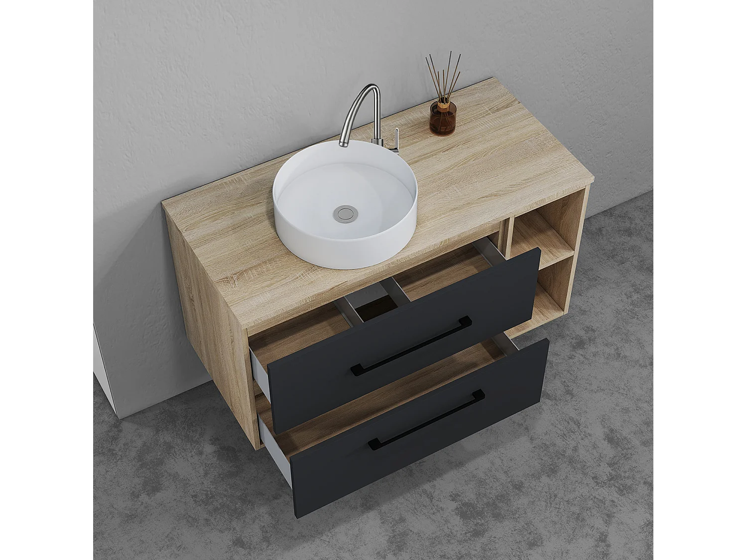 AICA Ensemble meuble de Salle de Bain Suspendu avec Vasque + 2 Rangements Ouverts, 100x46x52cm, Rond Miroir LED