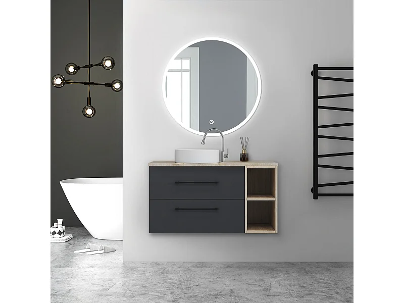 AICA Ensemble meuble de Salle de Bain Suspendu avec Vasque + 2 Rangements Ouverts, 100x46x52cm, Rond Miroir LED