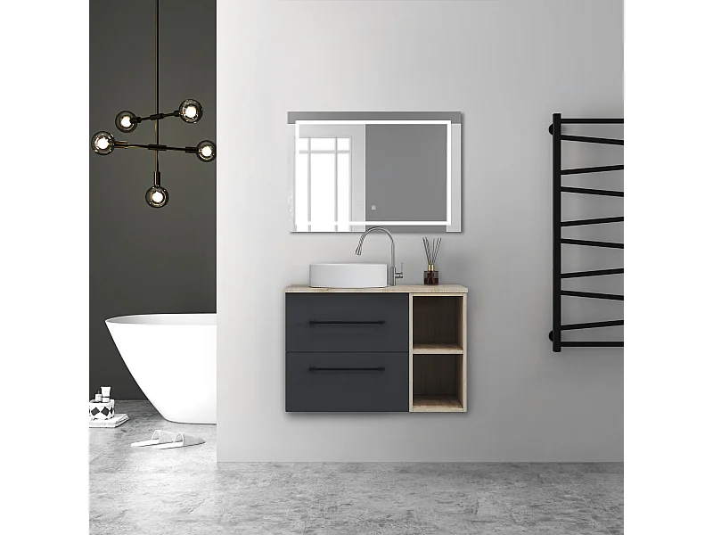 AICA Ensemble meuble de Salle de Bain Suspendu avec Vasque + 2 Rangements Ouverts, 80x46x52cm, Miroir LED Dimmable
