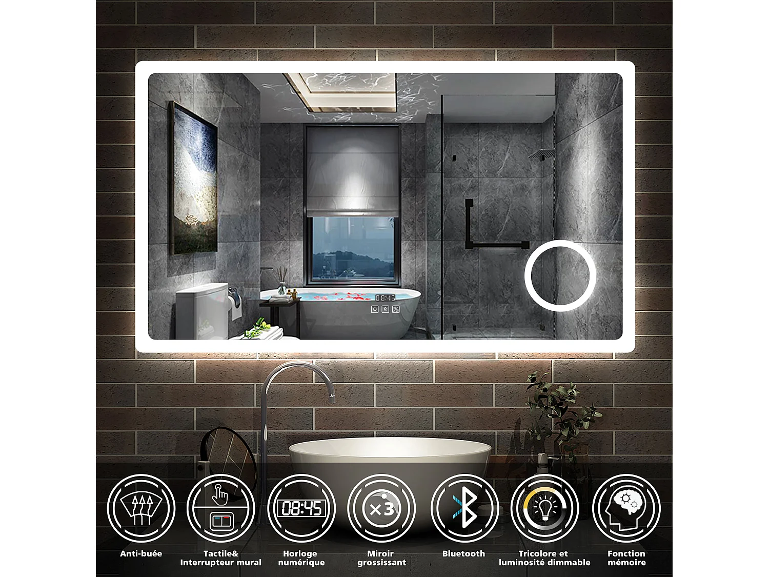 AICA Ensemble meuble de Salle de Bain avec Vasque + 2 Rangements Ouverts, 100x46x52cm, Miroir Bluetooth avec Horloge et Loupe