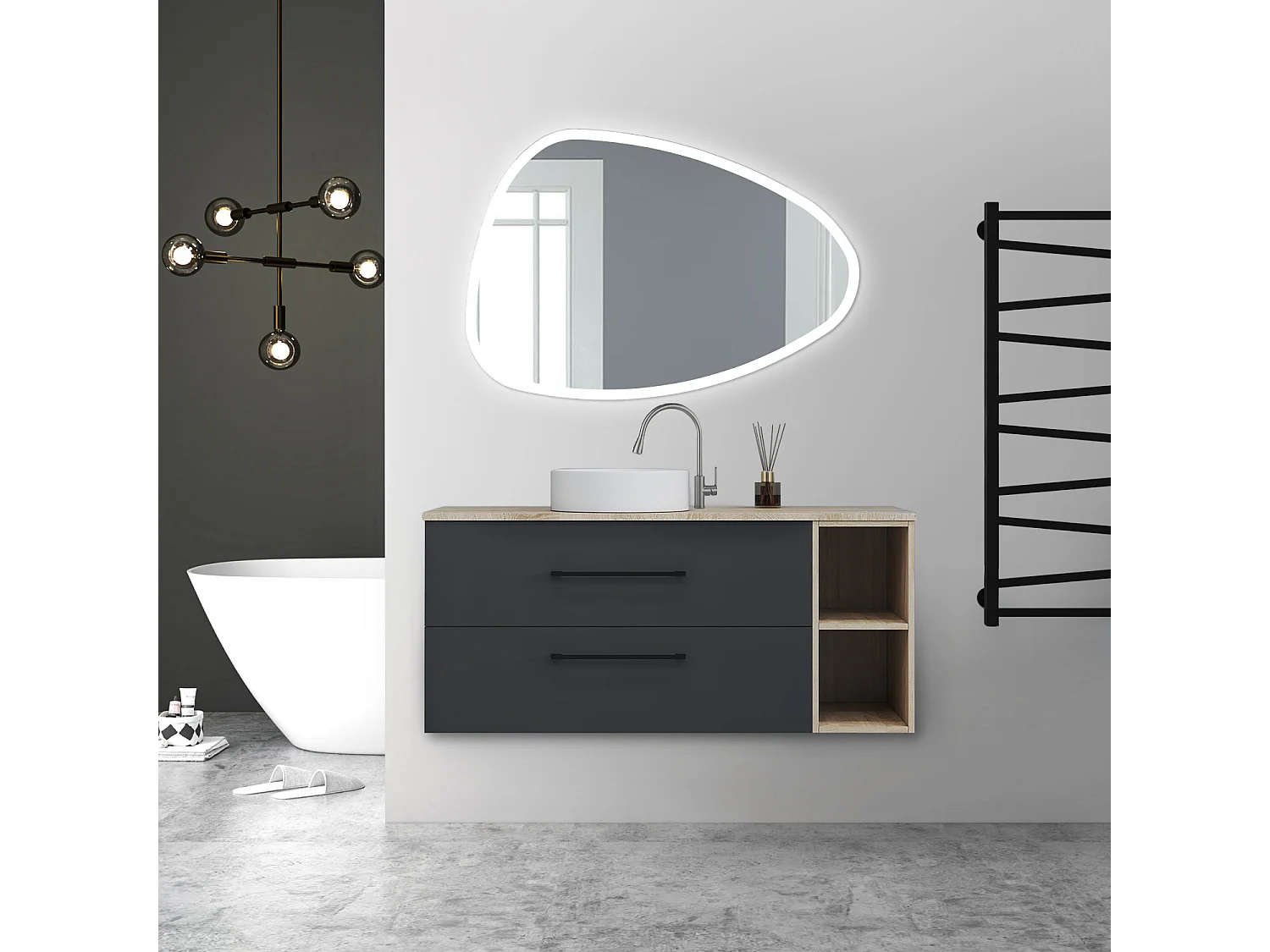 AICA Ensemble meuble de Salle de Bain Suspendu avec Vasque + 2 Rangements Ouverts, 120x46x52cm, Miroir 120x80cm Asymétrique Tricolore