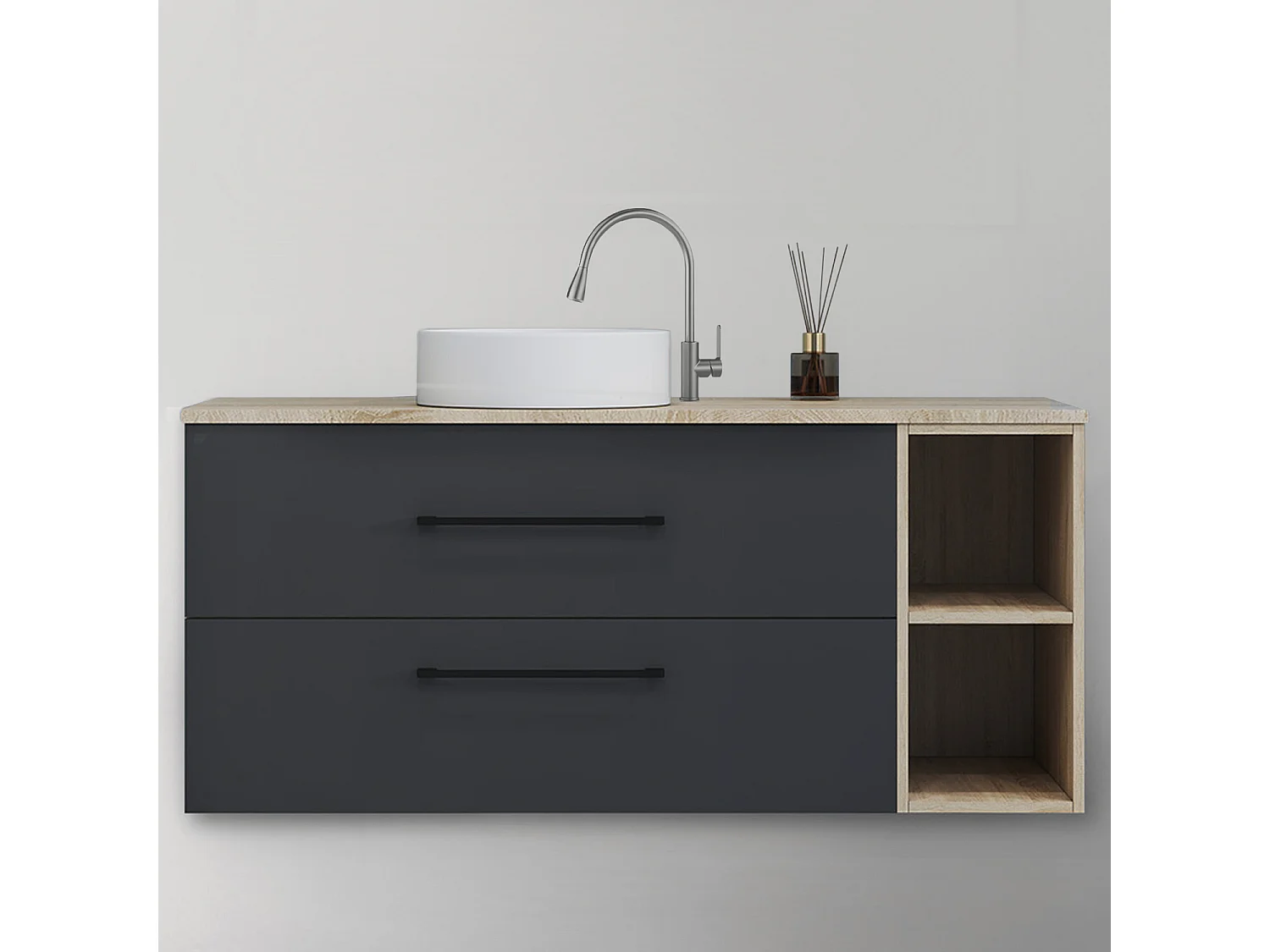 AICA Ensemble meuble de Salle de Bain Suspendu 120cm avec Vasque, 2 Tiroirs + Rangements Ouverts + Vasque céramique, Chêne + Anthracite