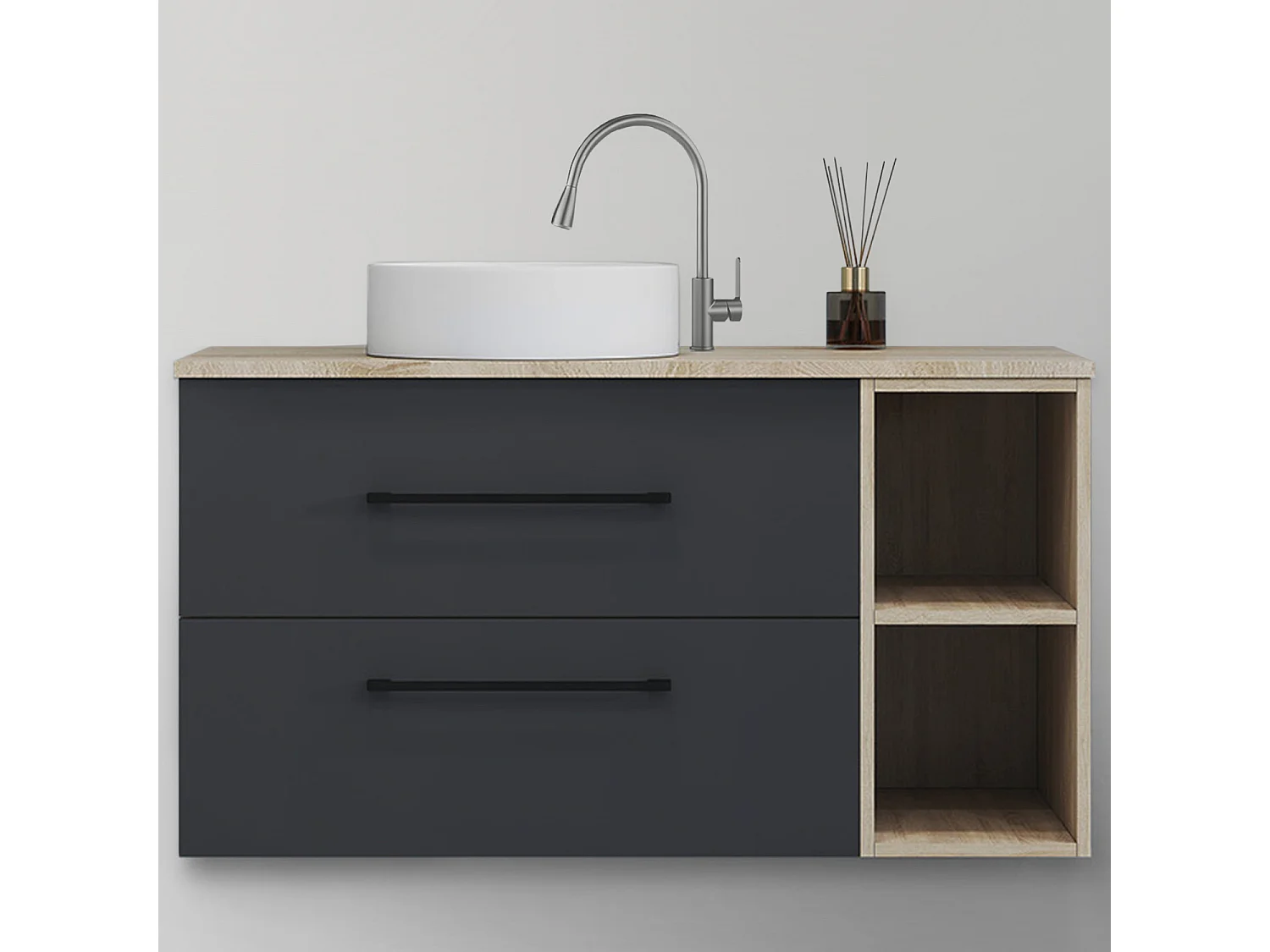 AICA Ensemble meuble de Salle de Bain Suspendu 100cm avec Vasque, 2 Tiroirs + Rangements Ouverts + Vasque céramique, Chêne + Anthracite