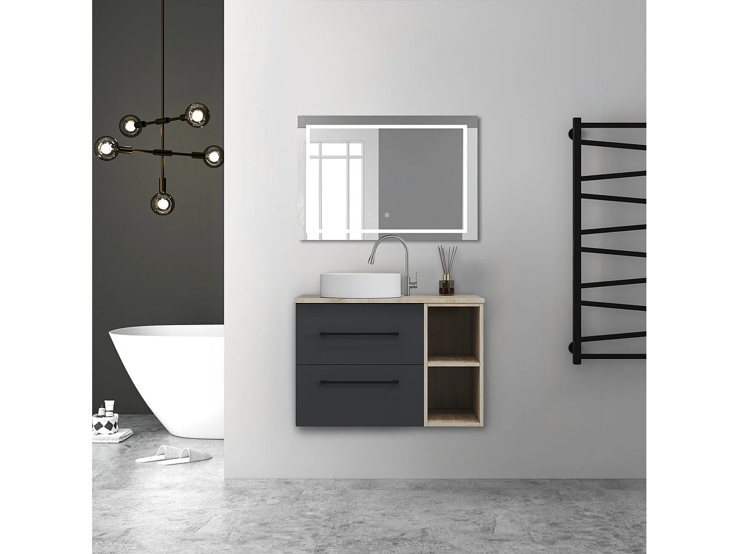 AICA Ensemble meuble de Salle de Bain Suspendu avec Vasque + 2 Rangements Ouverts, 80x46x52cm, Miroir Tricolore et Dimmable