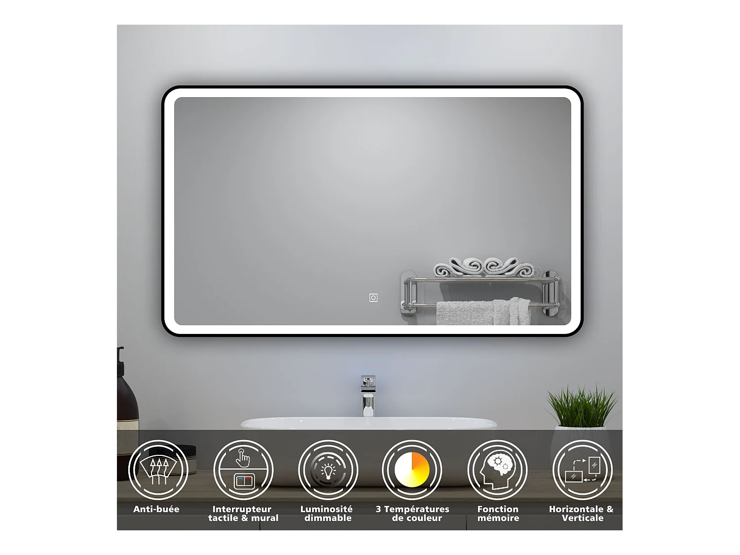 Miroir lumineux 120x70cm avec Anti-buée + 3 Couleurs + Dimmable, Miroir salle de bain