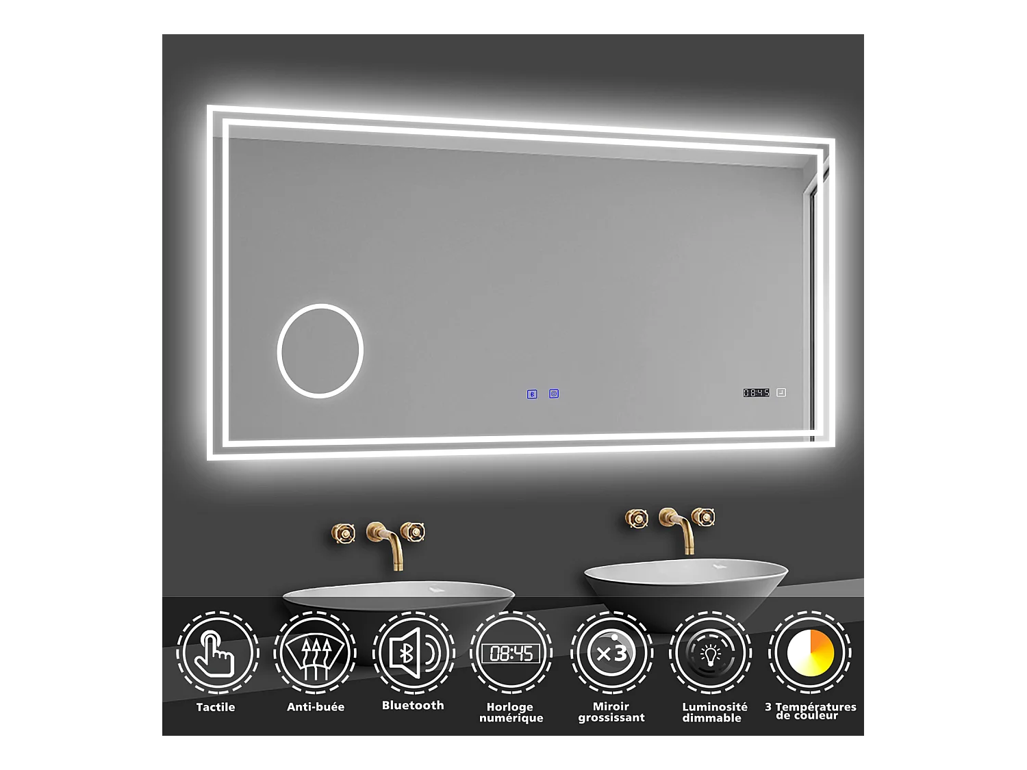 Miroir lumineux,  160 x 80 cm Miroir Grossissant 3x avec Bluetooth + Horloge + 3 Couleurs + Dimmable + Anti-buée, Miroir de Salle de Bain LED