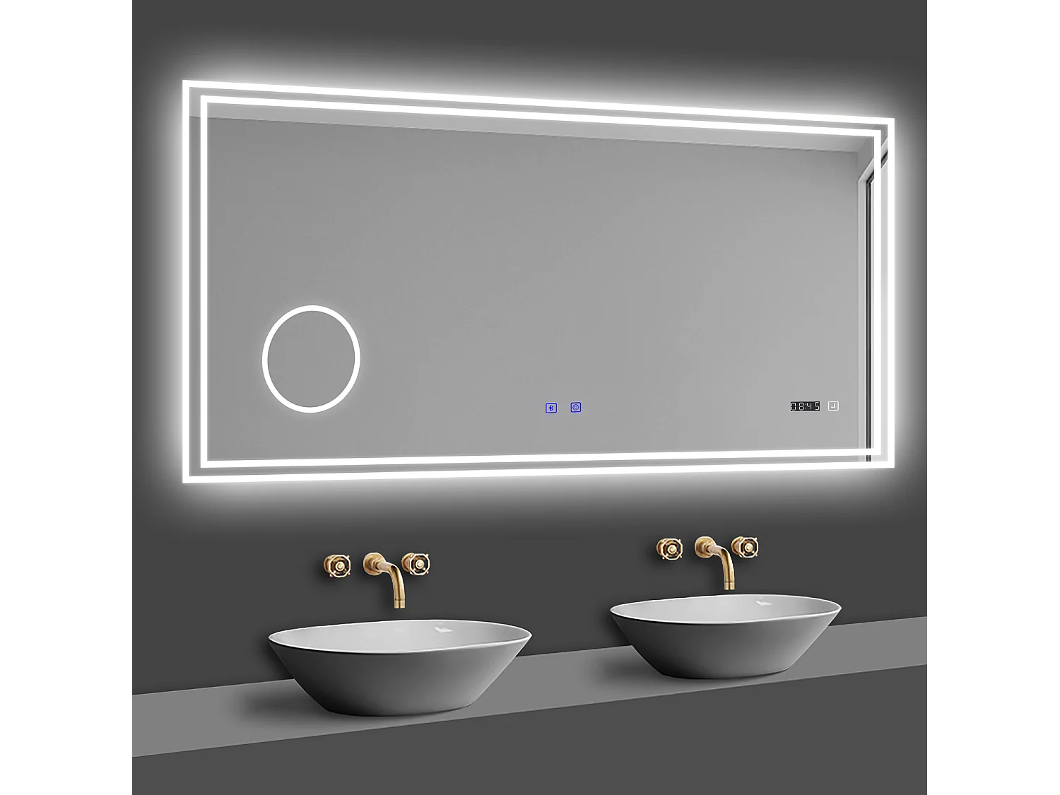 Miroir lumineux,  160 x 80 cm Miroir Grossissant 3x avec Bluetooth + Horloge + 3 Couleurs + Dimmable + Anti-buée, Miroir de Salle de Bain LED