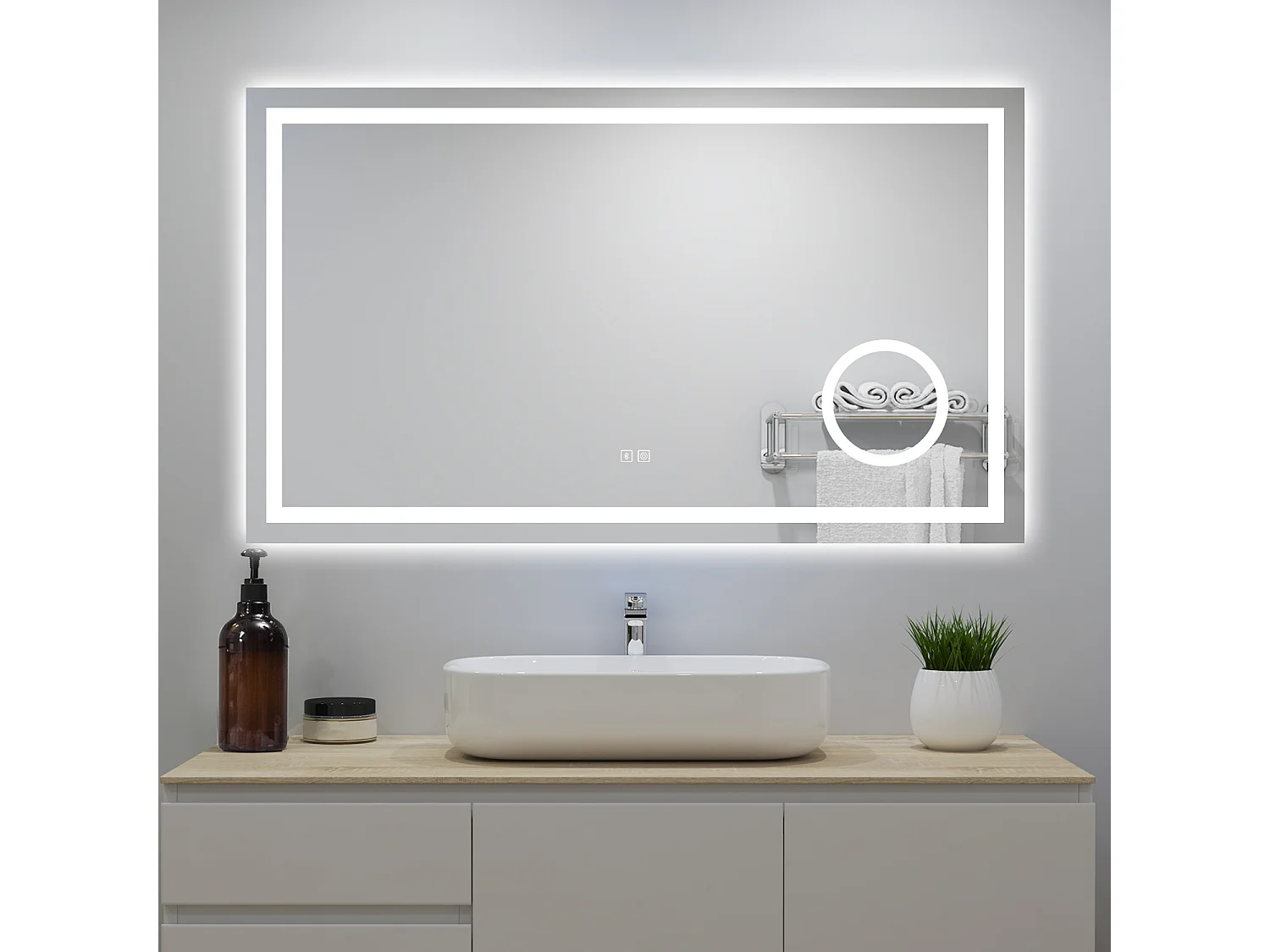 Aica Miroir Lumineux avec Bluetooth 100 x 60cm, 3 Couleurs + Dimmable + Anti-buée + grossissant 3x，Mural Miroir Salle de Bain