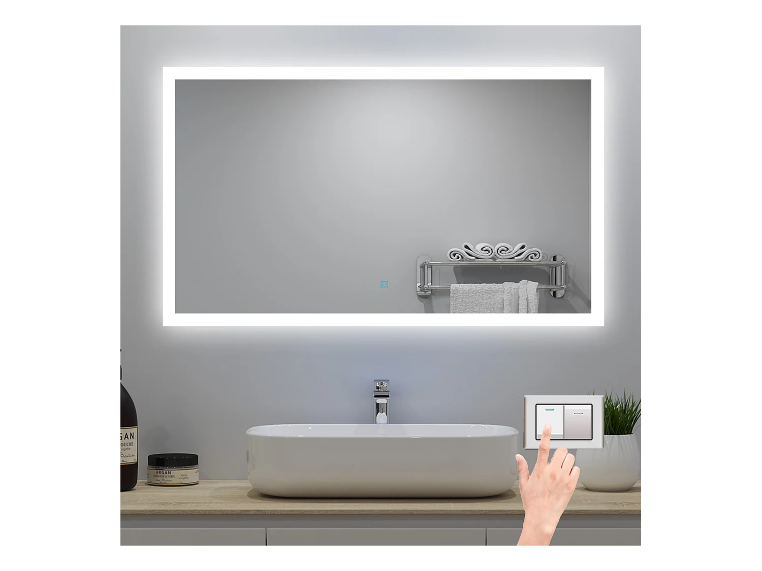 Miroir lumineux 70 x 50cm avec 3 Couleurs + Dimmable + Anti-buée, Mural Miroir salle de bain