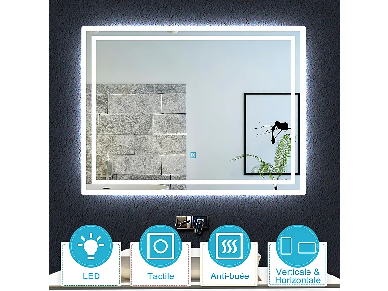 Aica Miroir lumineux avec éclairage intégré, Miroir de salle de bain avec anti-buée, Modèle double contour 70x50cm
