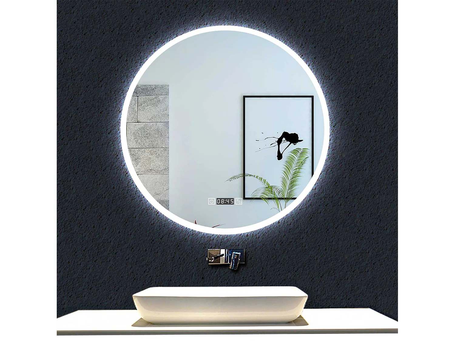 Aica Miroir Lumineux de Salle de Bain Rond 80cm avec Horloge+3 Couleurs+Dimmable+Anti-buée