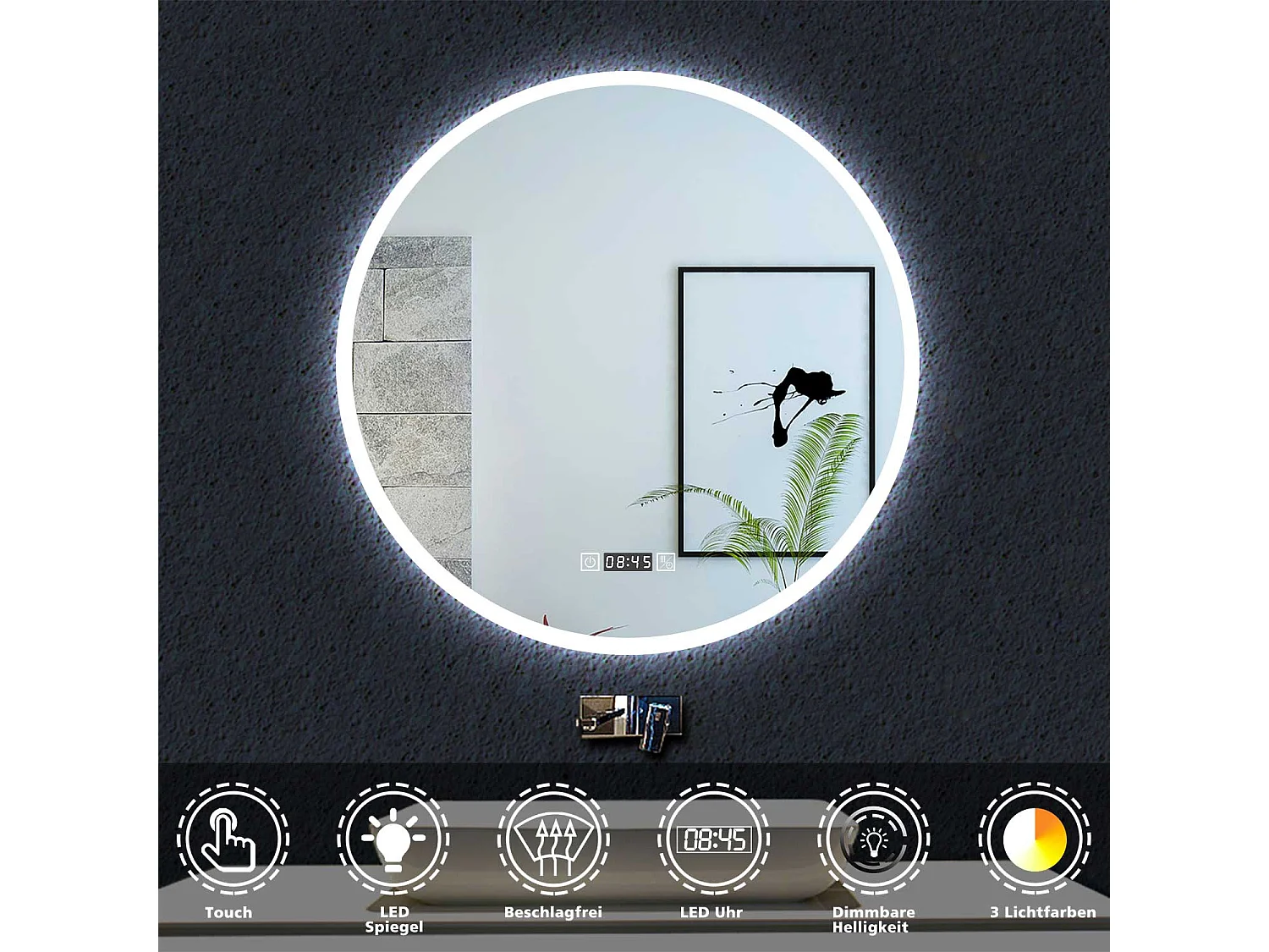 Aica Miroir Lumineux de Salle de Bain Rond 80cm avec Horloge+3 Couleurs+Dimmable+Anti-buée