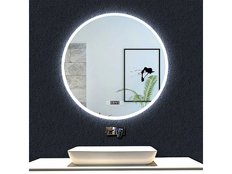Aica Miroir Lumineux de Salle de Bain Rond 80cm avec Horloge+3 Couleurs+Dimmable+Anti-buée