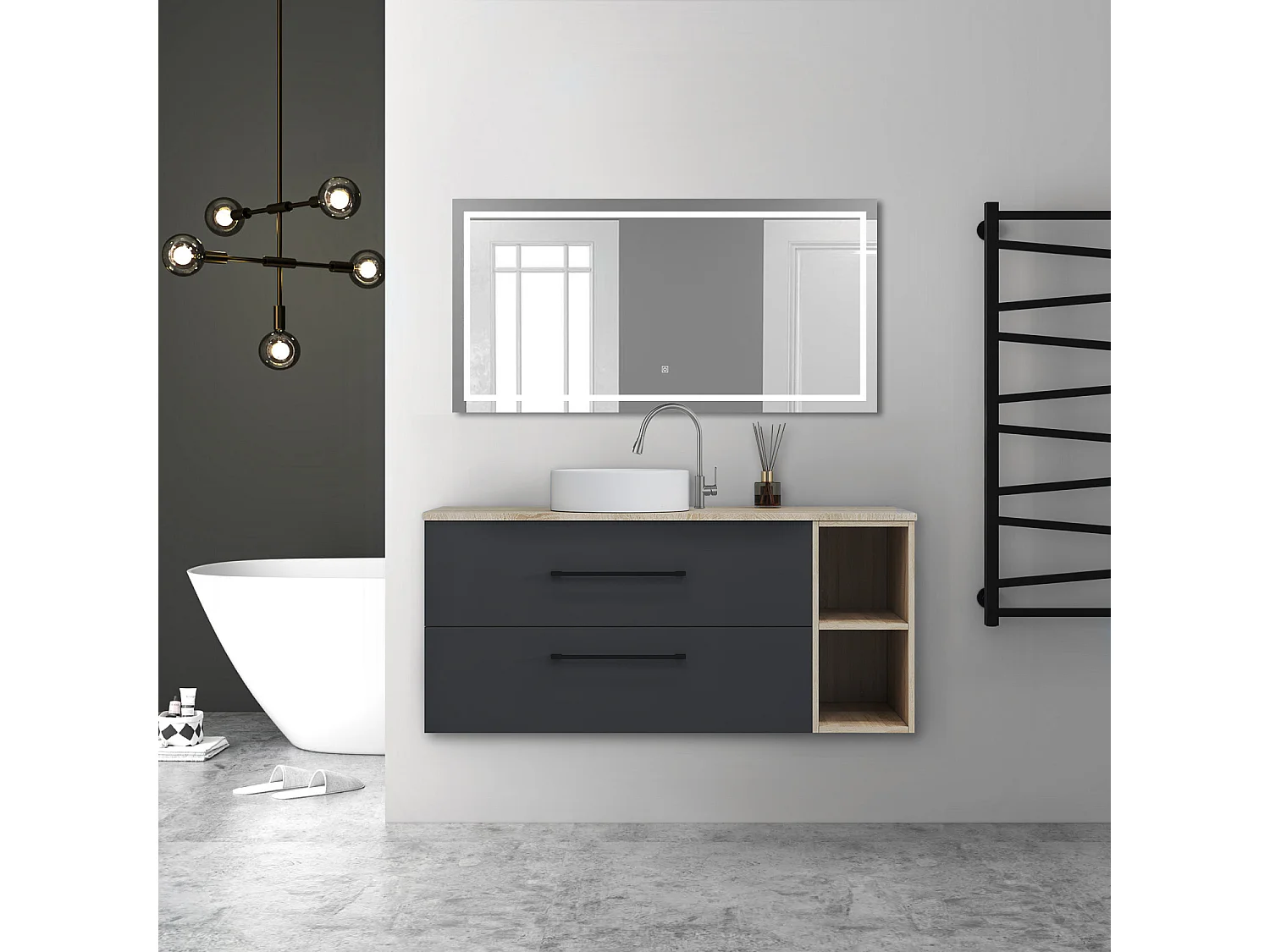 AICA Ensemble meuble de Salle de Bain Suspendu avec Vasque + 2 Rangements Ouverts, 120x46x52cm, Miroir LED Dimmable