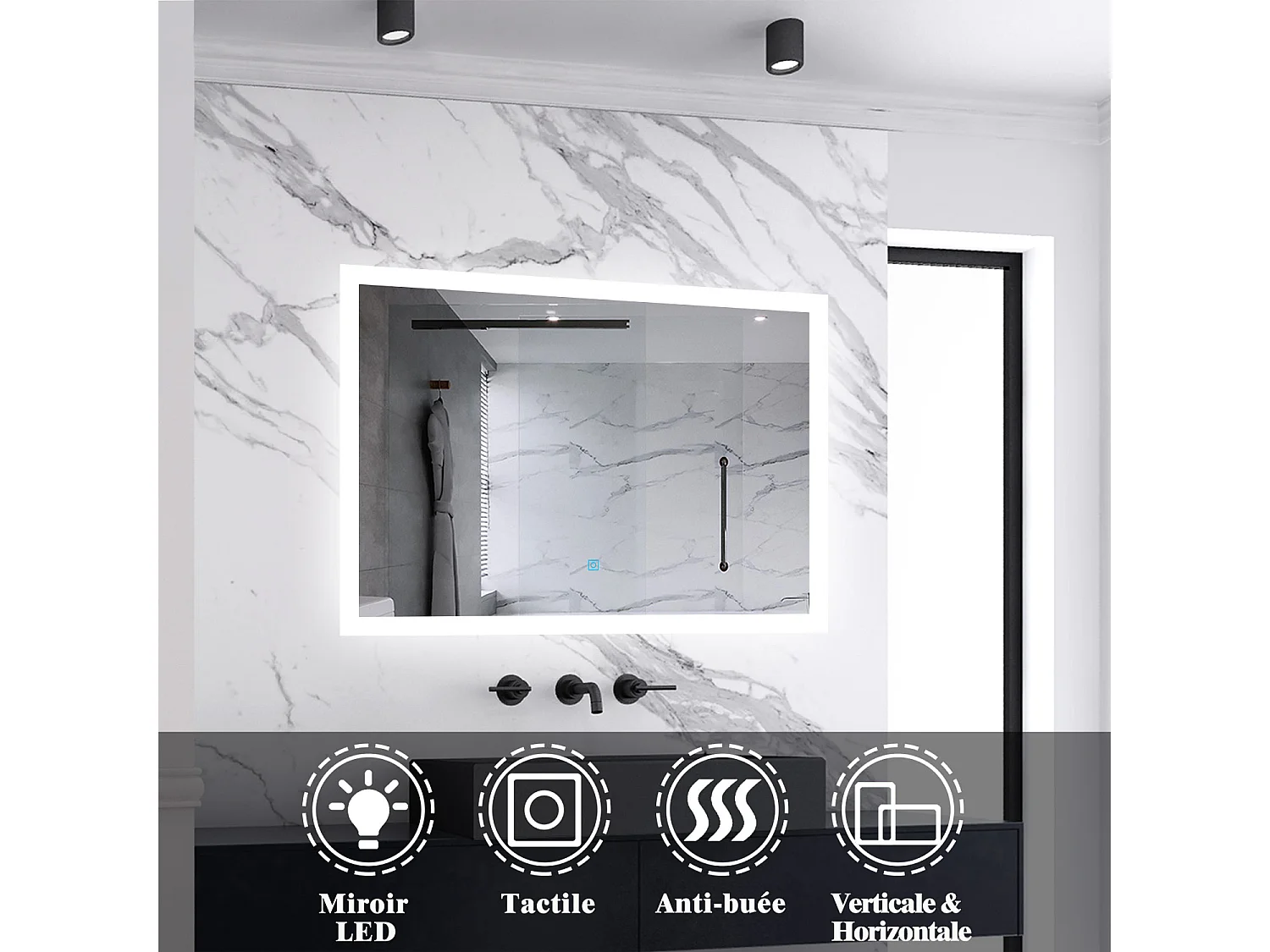 Miroir lumineux 100x60cm acve anti-buée，Mural Miroir salle de bain - Aica