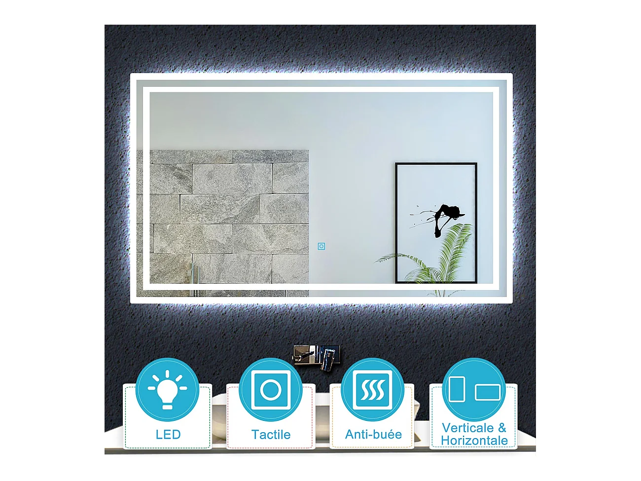 Aica Miroir lumineux avec éclairage intégré, Miroir de salle de bain avec anti-buée, Modèle double contour 90x70cm