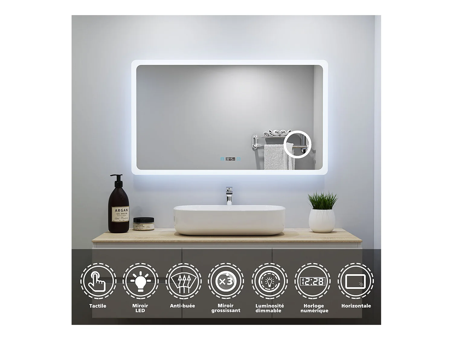 Aica Miroir Lumineux à LED Réglable140x80cm, Miroir de salle de bain avec éclairage+antibuée+Miroir grossissant+Horloge numérique+3 couleurs