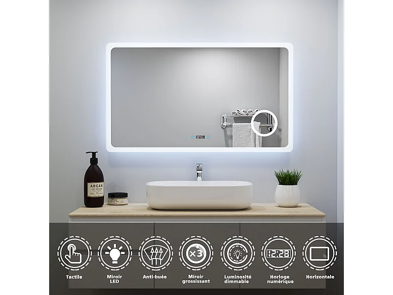 Aica Miroir Lumineux à LED Réglable140x80cm, Miroir de salle de bain avec éclairage+antibuée+Miroir grossissant+Horloge numérique+3 couleurs