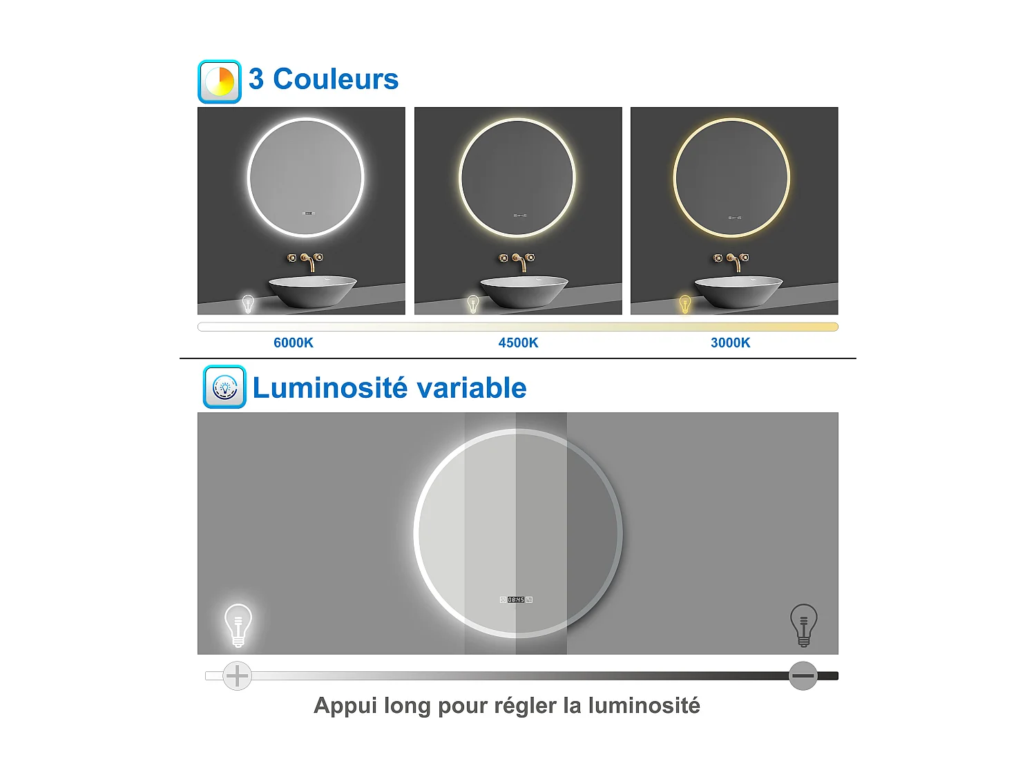 Miroir lumineux Rond 70cm avec Horloge + 3 Couleurs + Dimmable + Anti-buée