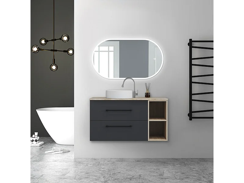 AICA Ensemble meuble de Salle de Bain Suspendu avec Vasque + 2 Rangements Ouverts, 100x46x52cm, Ovale Miroir Tricolore et Dimmable