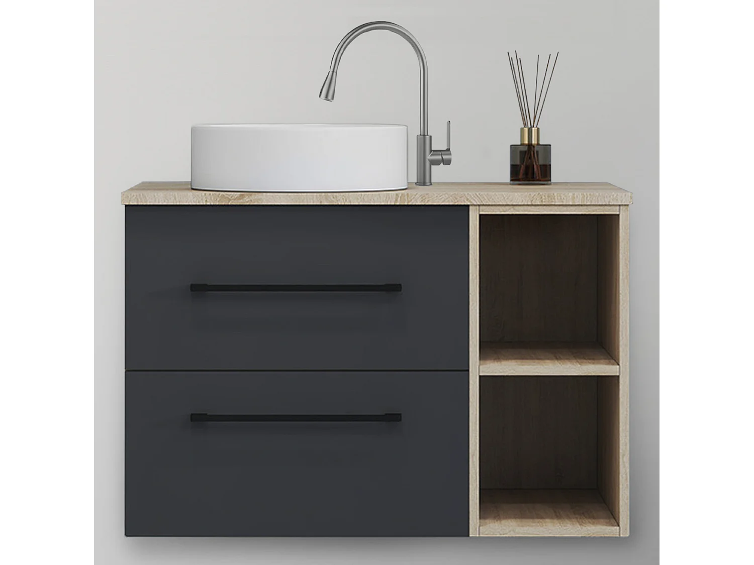AICA Ensemble meuble de Salle de Bain Suspendu 80cm avec Vasque, 2 Tiroirs + Rangements Ouverts + Vasque céramique, Chêne + Anthracite