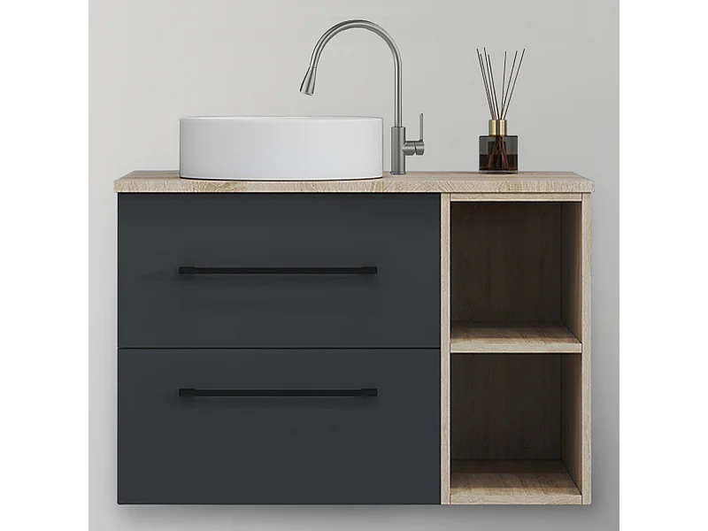 AICA Ensemble meuble de Salle de Bain Suspendu 80cm avec Vasque, 2 Tiroirs + Rangements Ouverts + Vasque céramique, Chêne + Anthracite