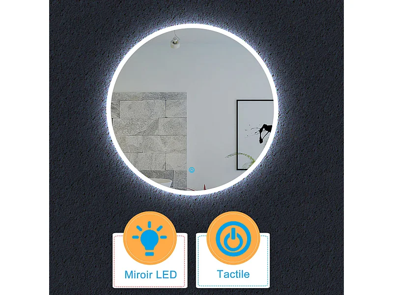 Miroir Rond Salle de LED Bain 60cm Dimmable + Fonction mémoire