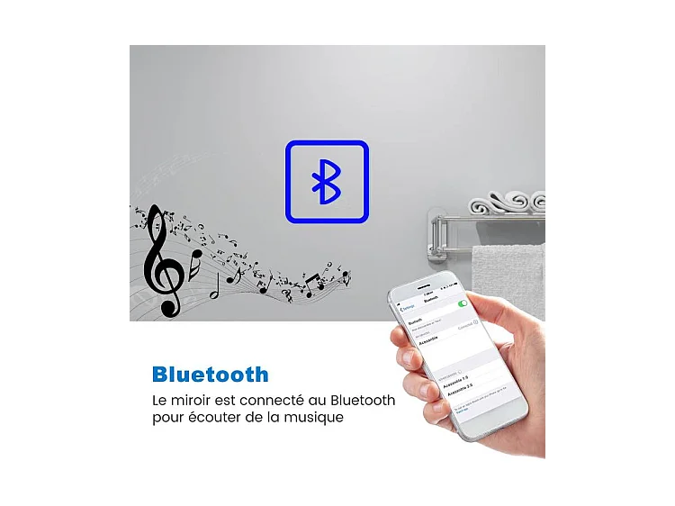 Miroir lumineux grossissant 3x, l.100 x H.60 cm, Miroir de Salle de Bain LED avec Bluetooth + 3 Couleurs + Anti-buée, Mural Miroir éclairé