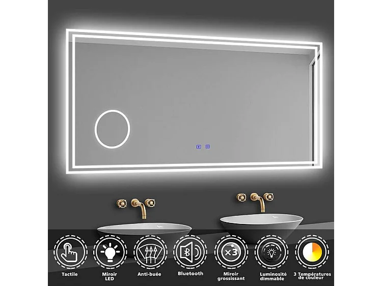Miroir lumineux grossissant 3x, l.100 x H.60 cm, Miroir de Salle de Bain LED avec Bluetooth + 3 Couleurs + Anti-buée, Mural Miroir éclairé