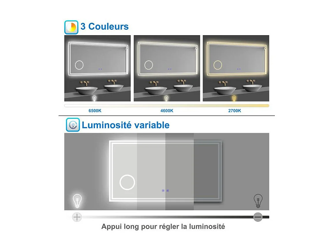 Miroir lumineux grossissant 3x, l.100 x H.60 cm, Miroir de Salle de Bain LED avec Bluetooth + 3 Couleurs + Anti-buée, Mural Miroir éclairé