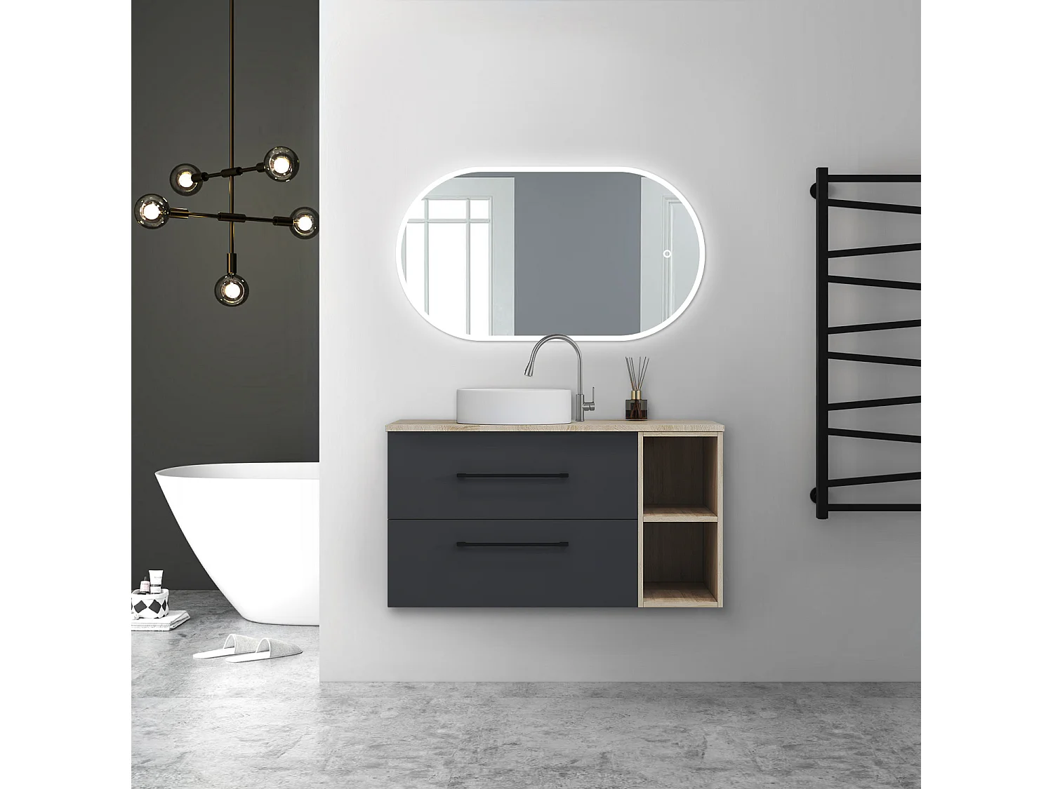 AICA Ensemble meuble de Salle de Bain Suspendu avec Vasque + 2 Rangements Ouverts, 100x46x52cm, Ovale Miroir LED