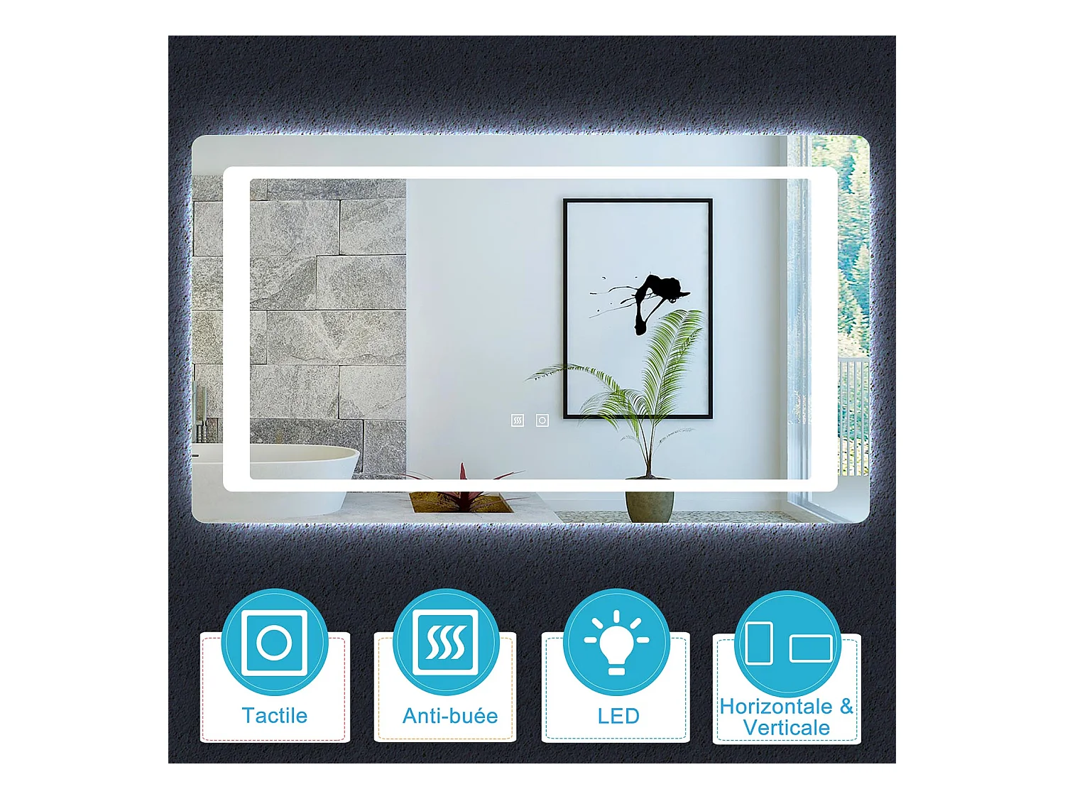Aica Miroir Led 120x70cm Anti-buée Avec 2 Interrupteurs, Miroir De Salle De Bain Modèle Classique