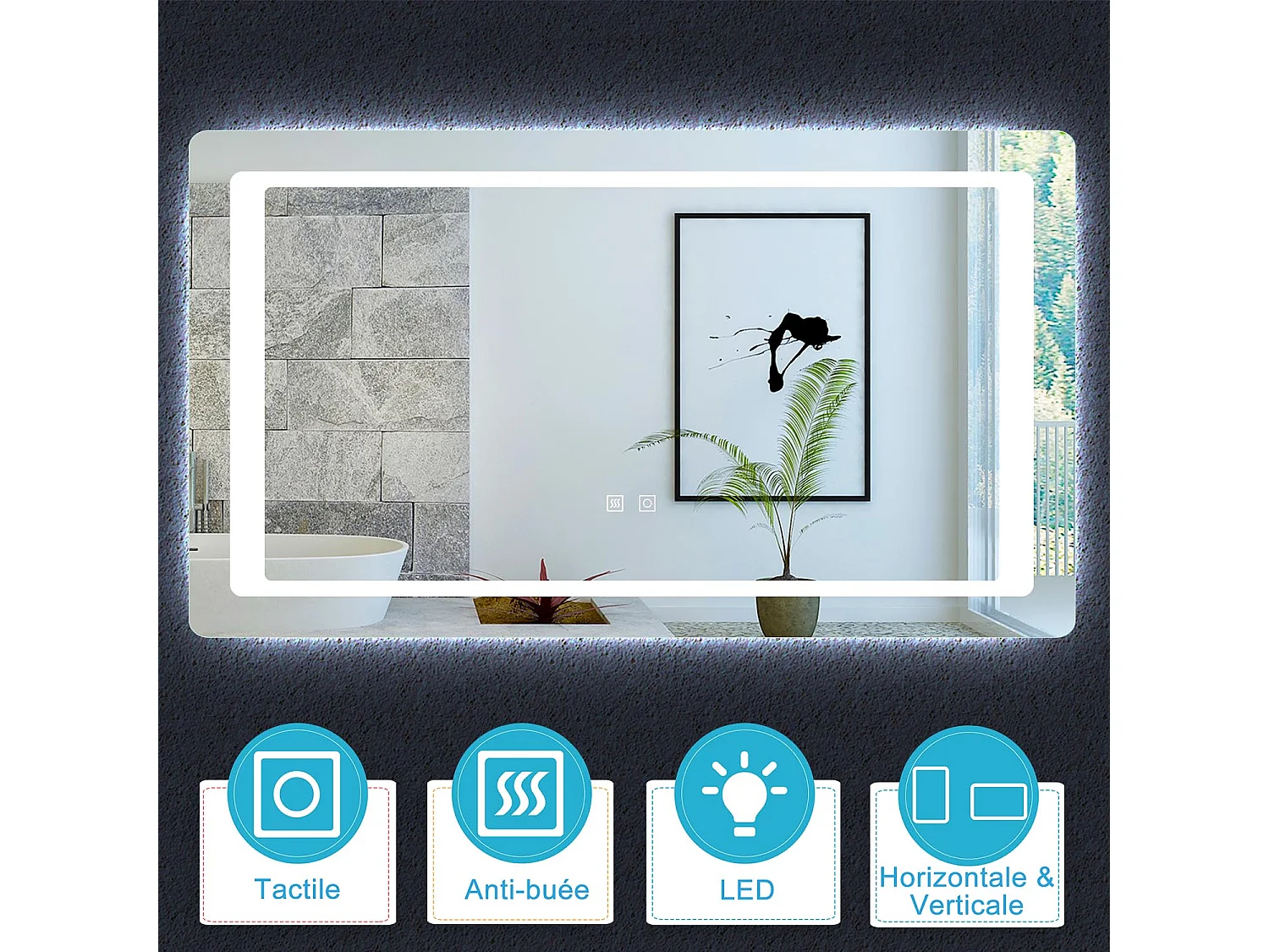 Aica Miroir Led 120x70cm Anti-buée Avec 2 Interrupteurs, Miroir De Salle De Bain Modèle Classique