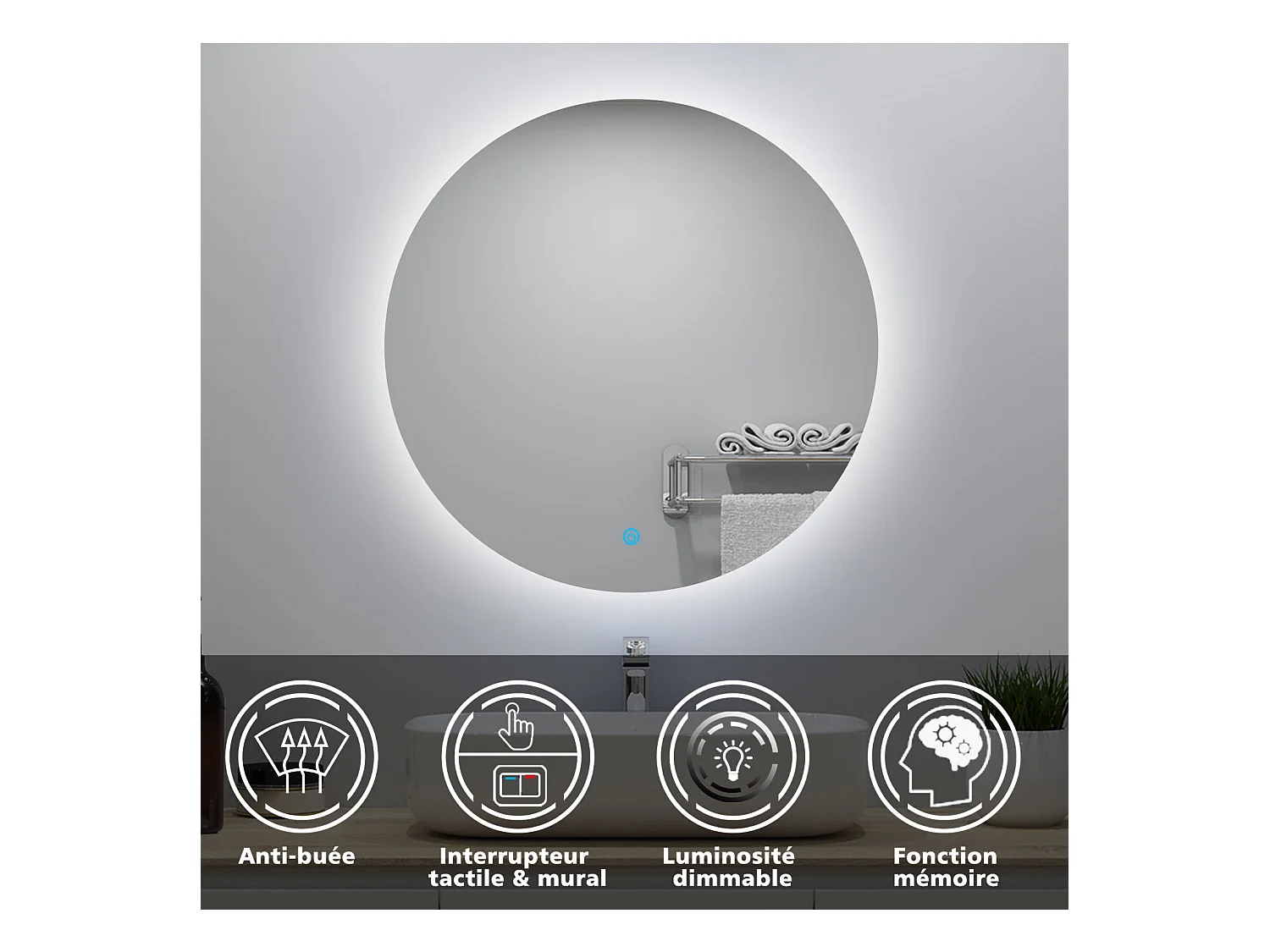 Miroir lumineux rond 60x60cm avec Anti-buée + Dimmable, Mural Miroir salle de bain