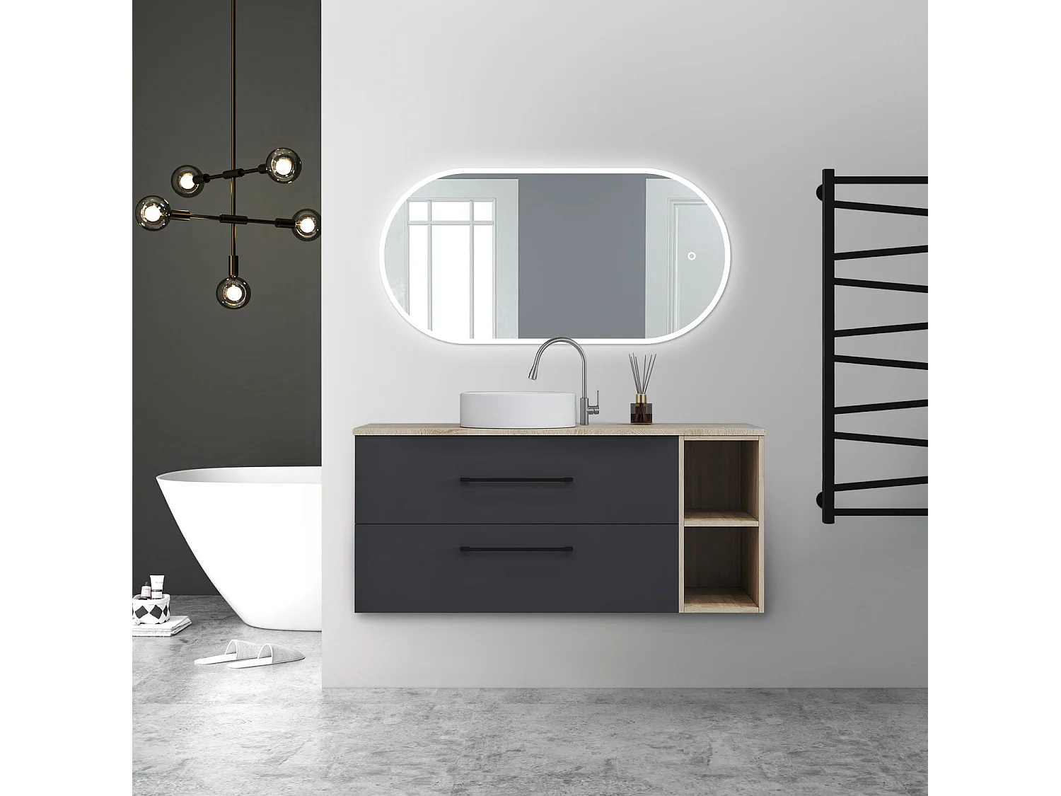 AICA Ensemble meuble de Salle de Bain Suspendu avec Vasque + 2 Rangements Ouverts, 120x46x52cm, Ovale Miroir LED