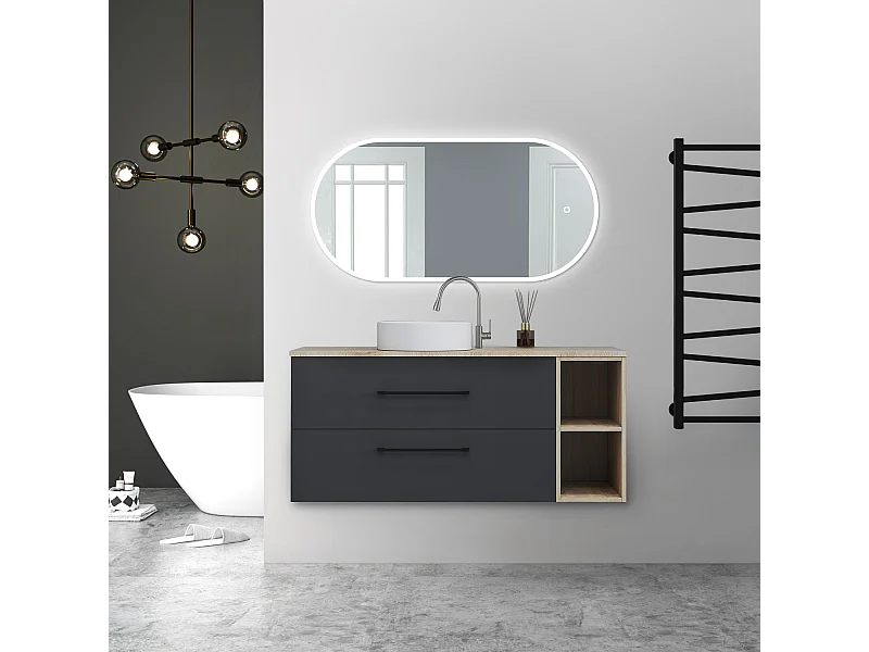 AICA Ensemble meuble de Salle de Bain Suspendu avec Vasque + 2 Rangements Ouverts, 120x46x52cm, Ovale Miroir LED