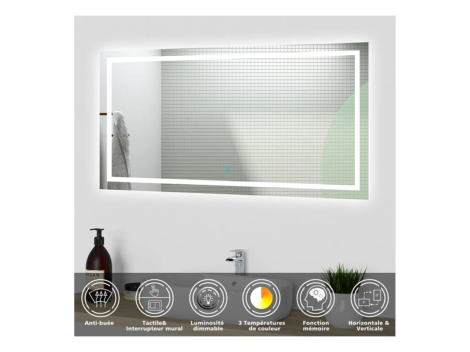 Miroir lumineux l.120 x H.80cm avec Anti-buée + 3 Couleurs + Dimmable, Mural Miroir Lumineux