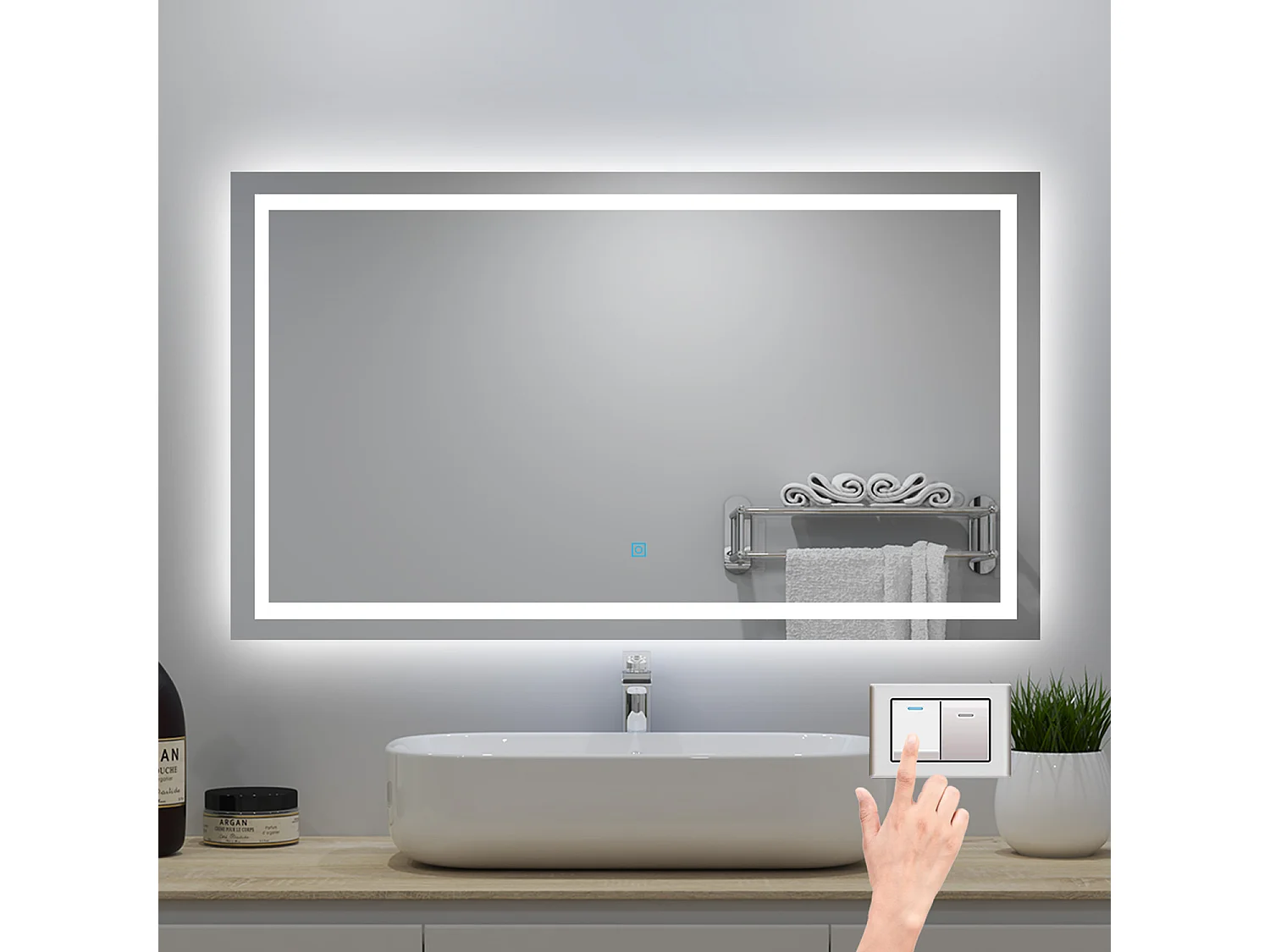 Miroir lumineux l.120 x H.80cm avec Anti-buée + 3 Couleurs + Dimmable, Mural Miroir Lumineux