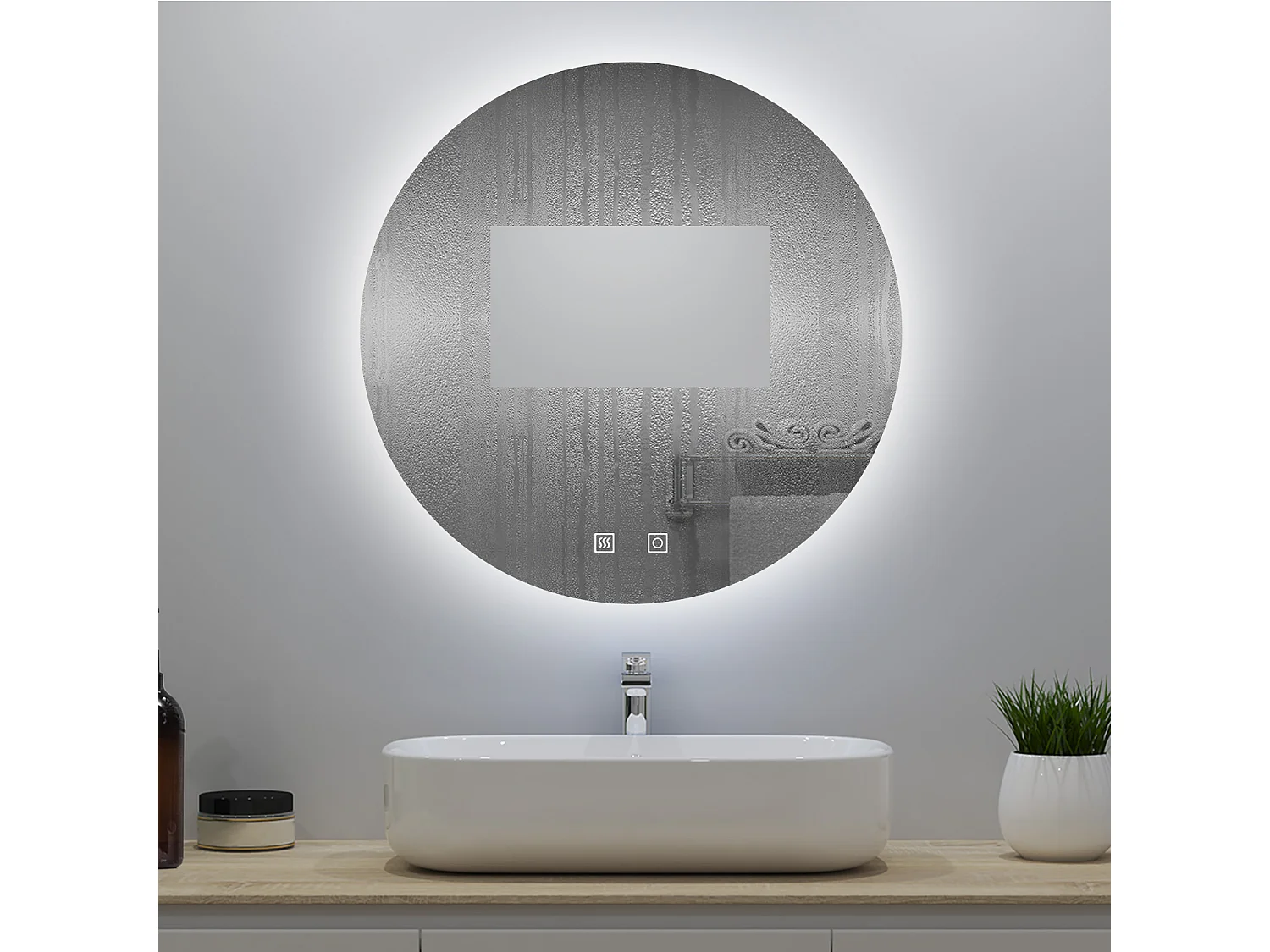 Miroir lumineux rond 80x80cm avec Anti-buée + 3 Couleurs + Dimmable, Mural Miroir salle de bain