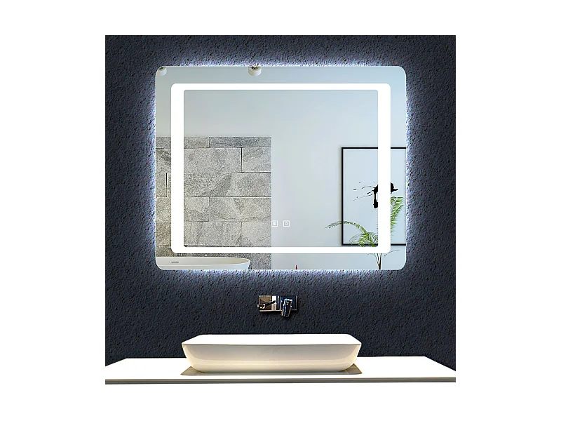 Aica Miroir Led 90x65cm Anti-buée Avec 2 Interrupteurs, Miroir De Salle De Bain Modèle Classique