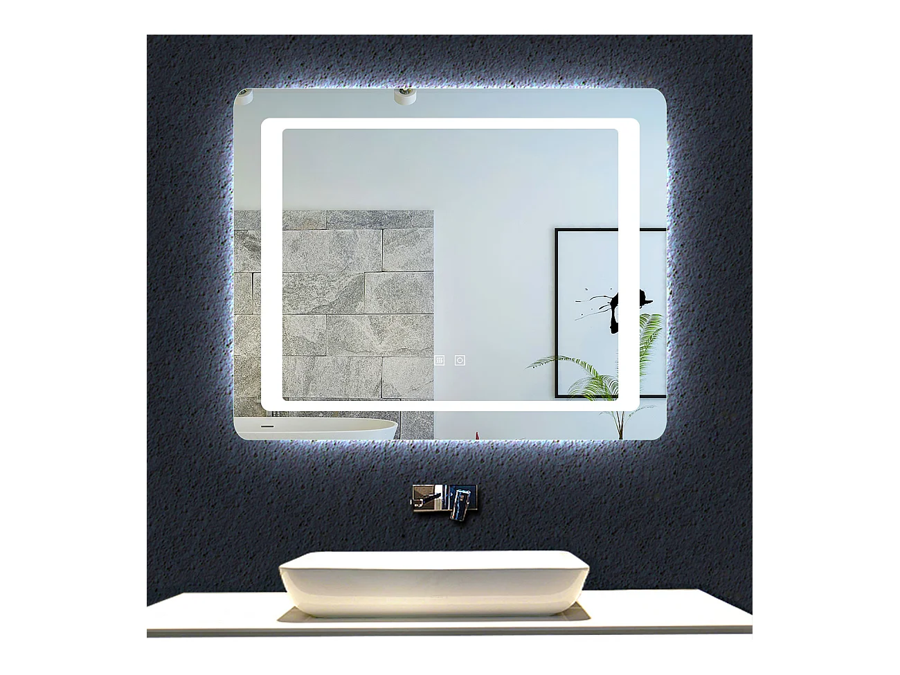 Aica Miroir Led 90x65cm Anti-buée Avec 2 Interrupteurs, Miroir De Salle De Bain Modèle Classique