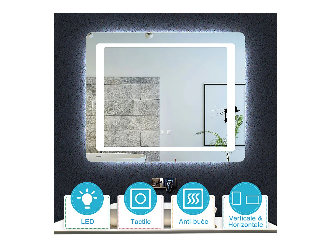 Aica Miroir Led 90x65cm Anti-buée Avec 2 Interrupteurs, Miroir De Salle De Bain Modèle Classique