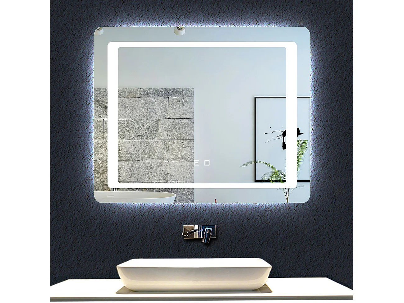 Aica Miroir Led 90x65cm Anti-buée Avec 2 Interrupteurs, Miroir De Salle De Bain Modèle Classique