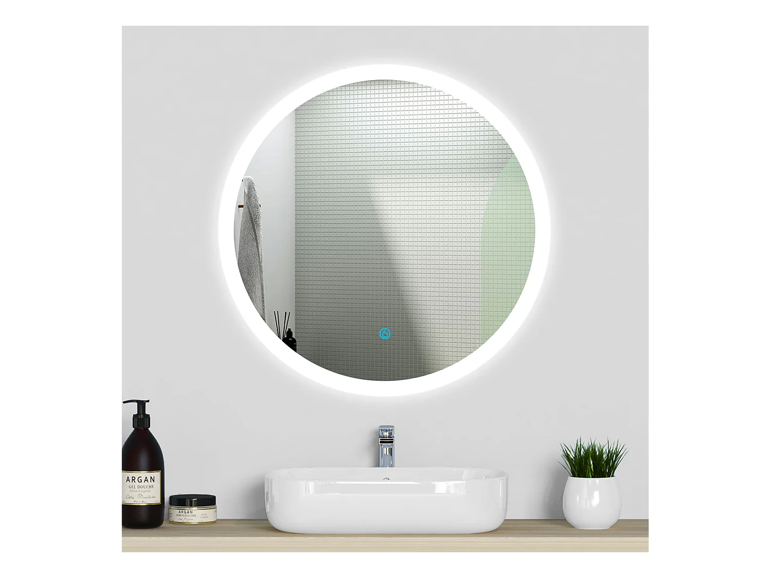 Aica Miroir lumineux rond, Diam.60 cm, Miroir LED avec antibuée
