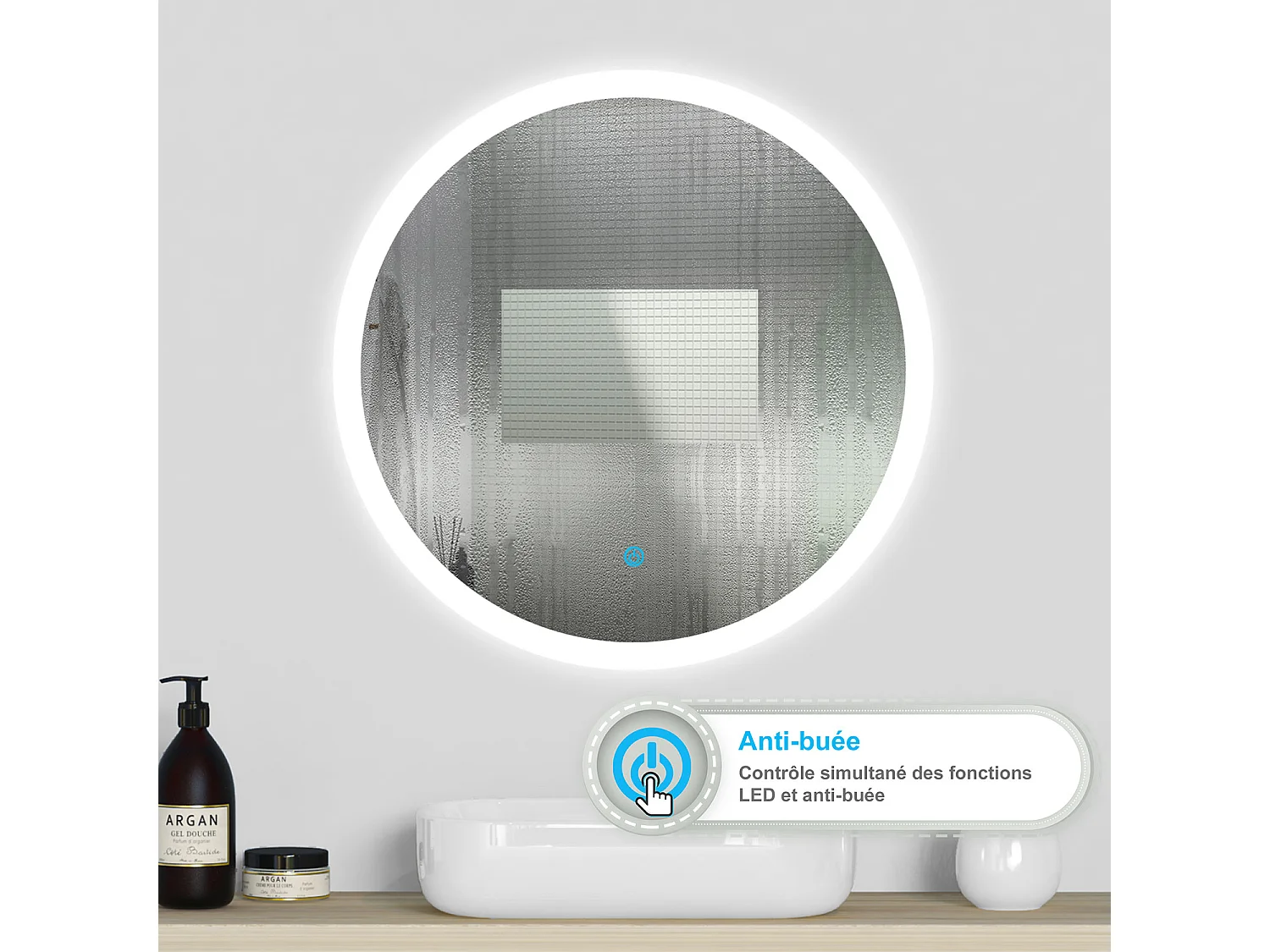 Aica Miroir lumineux rond, Diam.60 cm, Miroir LED avec antibuée