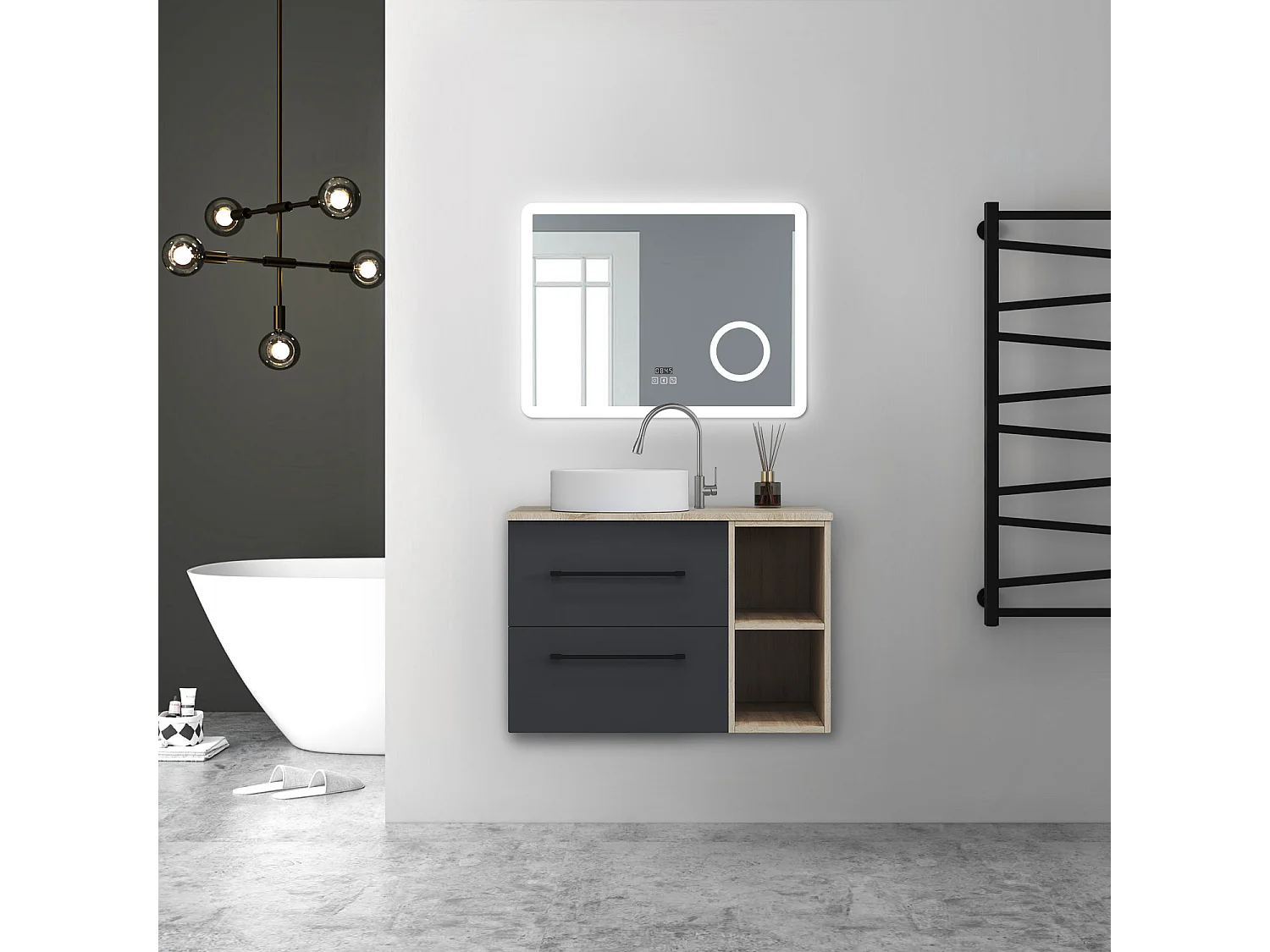 AICA Ensemble meuble de Salle de Bain avec Vasque + 2 Rangements Ouverts, 80x46x52cm, Miroir Bluetooth avec Horloge et Loupe
