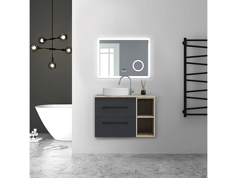 AICA Ensemble meuble de Salle de Bain avec Vasque + 2 Rangements Ouverts, 80x46x52cm, Miroir Bluetooth avec Horloge et Loupe
